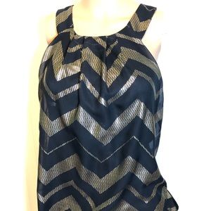 Iz Byer Navy and Gold Chevron Blouse